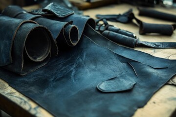 Dark, rolled leather hides arranged on a work surface.