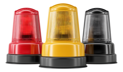 Three colorful industrial warning lights in red, yellow, and black arranged side by side.