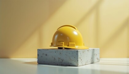 Yellow construction helmet on gray concrete block in soft light
