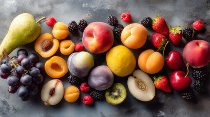 Top view of ripe peaches, apricots, plums, grapes, cherries, berries, pear, and kiwi arranged on a gray textured surface with soft natural lighting and vibrant tones