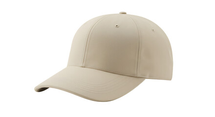 Fototapeta premium A close up of a beige baseball cap with a curved brim against a black background in soft lighting