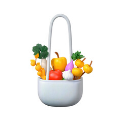 A delightful basket is filled with a variety of colorful vegetables and herbs, including bell peppers, carrots, and garlic. This artistic creation adds a fun touch to any kitchen decor