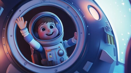 Cheerful Cartoon Astronaut Waves from Space Capsule Porthole