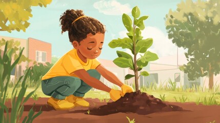 Young Girl Planting Tree in Community Garden with Joyful Spirit