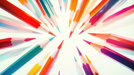 Colorful pencils radiating outward on white background