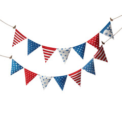 Obraz premium Decorative bunting adorned with red, white, and blue patterns hangs between two trees, creating a festive atmosphere for outdoor gatherings and celebrations. The vibrant colors add joy to the setting
