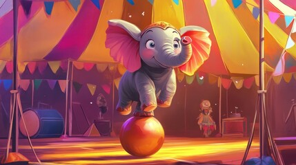 Playful Elephant Performing Trick in Circus Ring Under Big Top