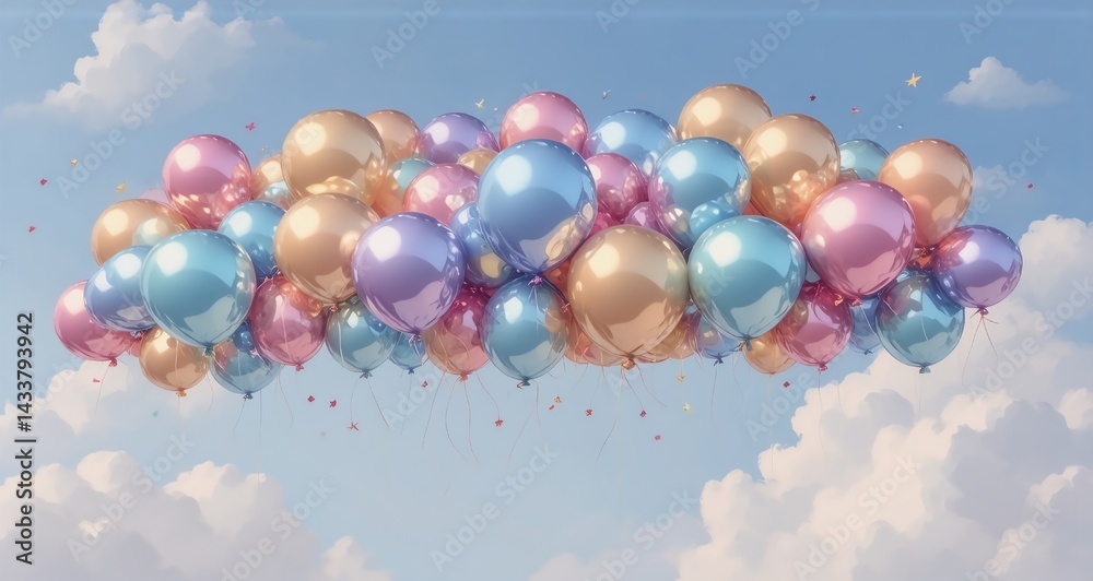 Poster a cluster of colorful, floating balloons against a bright sky with scattered confetti hints at a cel
