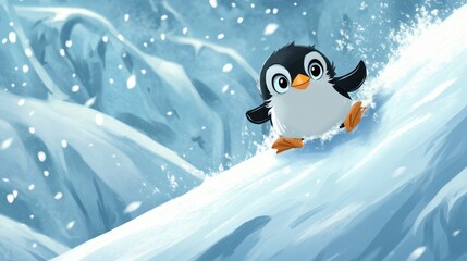 Cute Cartoon Penguin Sliding Down Snowy Mountain Slope