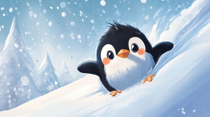 Cute Cartoon Penguin Playing in Snowy Winter Wonderland Landscape