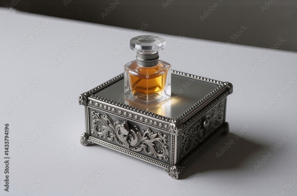 Poster elegant pewter trinket box displays a small bottle of amber perfume. intricate detailing adorns the 