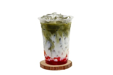 Matcha latte served with coconut milk and sliced for topping put on white background, isolate style.