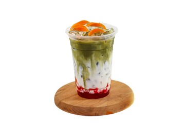 Ice matcha served with strawberry cream and milk put on white background, isolate photo style.