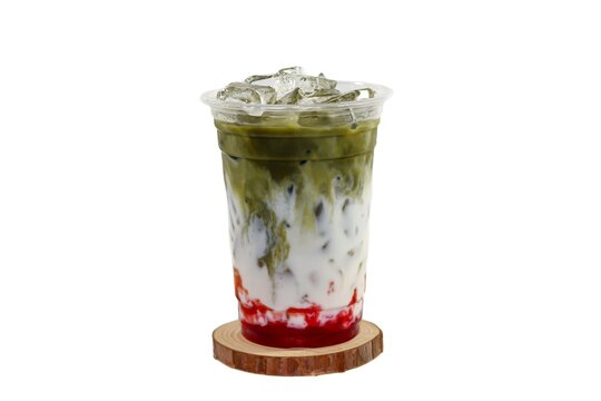 Matcha latte served with coconut milk and sliced for topping put on white background, isolate style.