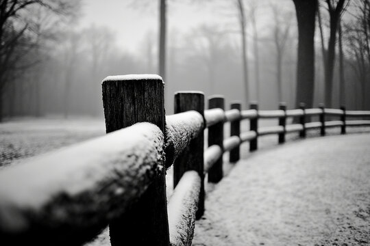 Snow-covered wooden fence winding through a tranquil winter landscape in a foggy forest