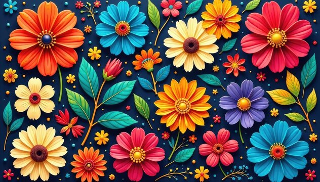 Bold floral motifs arranged in a tessellated square grid , grid, tessellated