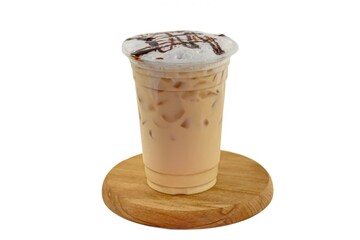 Ready for drink with menu Cappuccino ice coffee serving with chocolate sauce and powder chocolate and put on sack in white background and isolate concept.