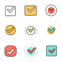 Nine distinct check mark icons displayed in various shapes and colors highlight the concept of confirmation and approval in a modern design aesthetic