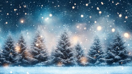 Snowy Pine Forest at Night with Glowing Lights