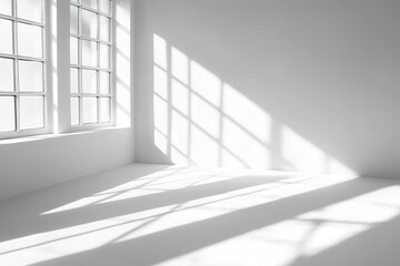 Fototapeta premium Sunlight streams through a large window, casting long shadows on a white room