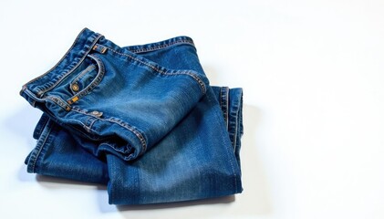 Classic blue denim jeans, crisply folded on white , style, fabric