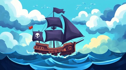 Pirate Ship Sailing Through Waves Under Blue Sky with Clouds