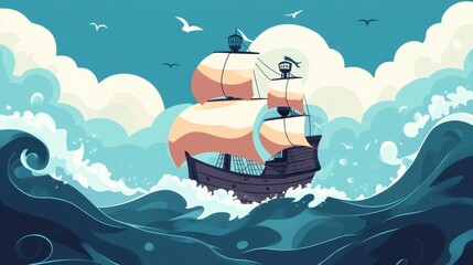 Vintage Sailboat Sailing Through Turbulent Waves in Bright Colors
