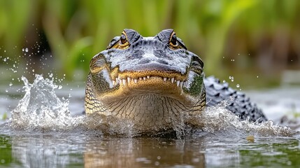 Obraz premium Crocodile emerging from water, displaying teeth