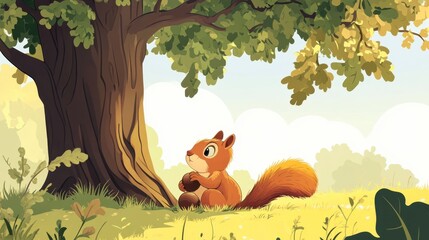 Cute Cartoon Squirrel Sitting Under Tree in Sunny Meadow Landscape