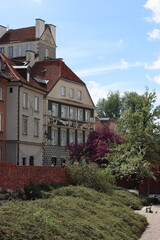 Old building without people with green grass and green trees and blossom tree.