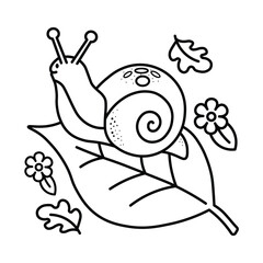 Woodland Escape Coloring Book, bold and easy coloring pages, animals line art, Snail on a Leaf, Cute Art, 