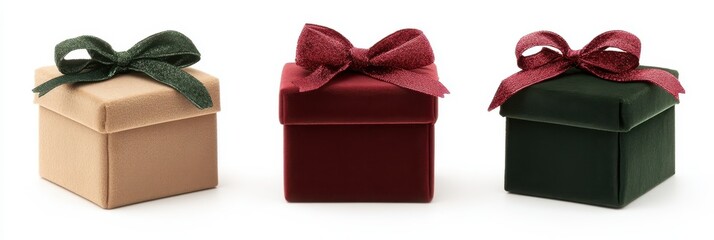 Three square gift boxes with bows, beige, red and green