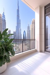 Panoramic city view from a modern balcony, featuring sleek railings, tiled flooring, and potted greenery