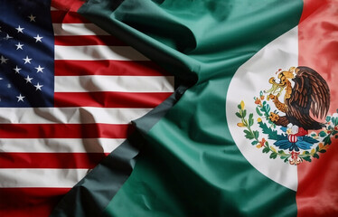 Close-up of the American and Mexican flags draped together, symbolizing the relationship between the two nations.  The flags are creased and textured, showing their materiality.