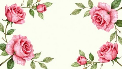 Delicate watercolor roses, leaves & buds on cream , flowers, cream, textile