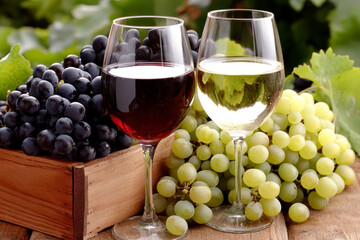 Selection of red and white wine with fresh grapes on a wooden table in a vineyard setting