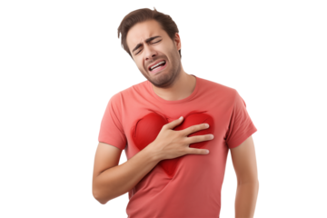 Man in distress clutching chest with heart shaped stain on shirt expressing pain and discomfort png