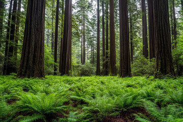 Obraz premium Mysterious forest filled with chaotic beauty, vibrant foliage, and tangled branches during early morning light