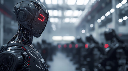A futuristic robot stands in a high-tech environment, surrounded by other similar robots, highlighting advanced technology and automation.