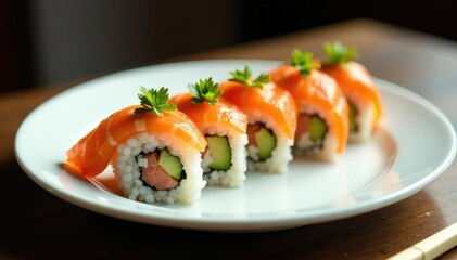 Elegant sushi arrangement on pristine white plate, food, lunch, seaweed