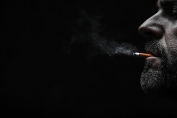 Fototapeta premium Close-up of a man smoking a cigarette, creating a mysterious atmosphere in low light