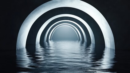 A series of arches over a pool of water, with a bright light at the end of the tunnel