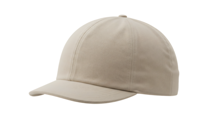 A simple beige baseball cap with a curved brim displayed on a plain black background isolated shot