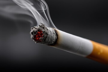 Close up of a smoking cigarette with visible ash and glowing ember under dim lighting