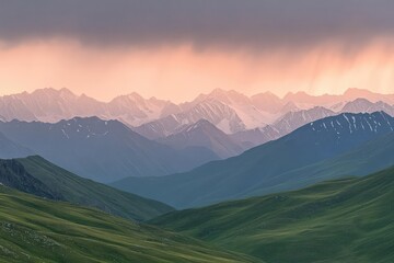 Obraz premium A panoramic view of a mountain range with rolling green hills in the foreground. The sky is a vibrant pink and purple, with a faint line of rain falling