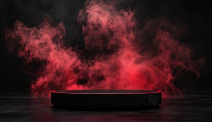 A black circular podium with a red glow sits in front of a cloud of red smoke against a dark background