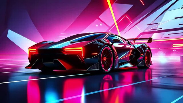 Futuristic cyber car driving on road in night city, cartoon vector style. Neon lights illuminate street, speed racing