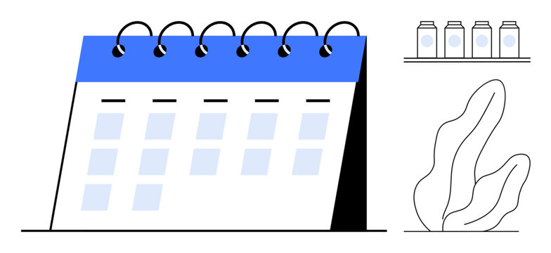 Calendar with spiral binding and weekly layout, jars on shelf, and abstract plant accent. Ideal for scheduling, organization, productivity, planning, time management, office decor simple landing