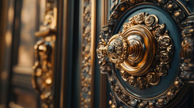 Ornate golden door knocker, detail, sunlight, building exterior, architectural design