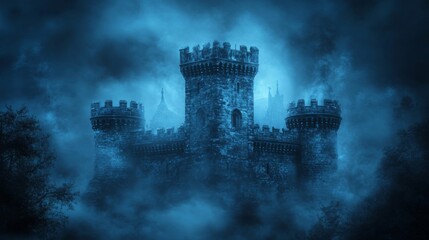Fototapeta premium Enigmatic Stone Castle at Night in Blue Fog
